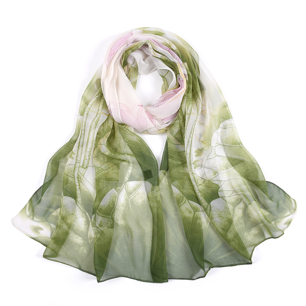 K1364 Leaf print georgette silk scarf scarf clothing accessories Korean version of the popular pastoral lotus pattern silk scarf long scarf