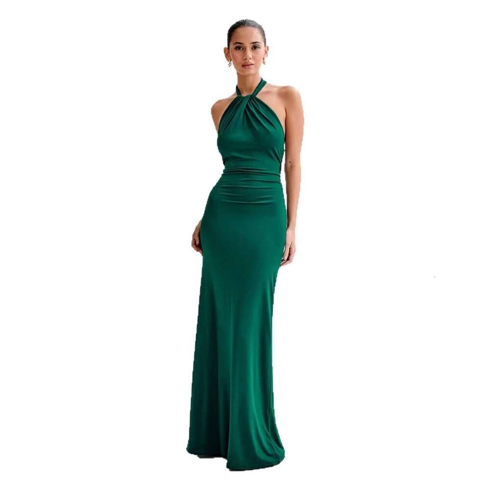 Summer New Women's Sexy Halter Neck Solid Color Sleeveless Elegant Waist-Cinching Dress B5