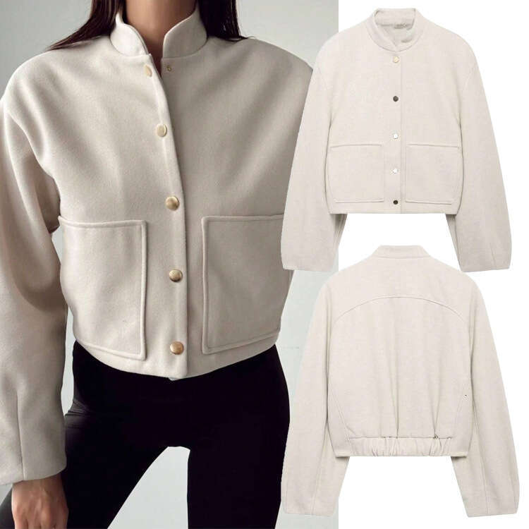 TRAFZA Women's Fashionable Elegant Versatile Hidden Button Faux Wool Jacket Coat B5