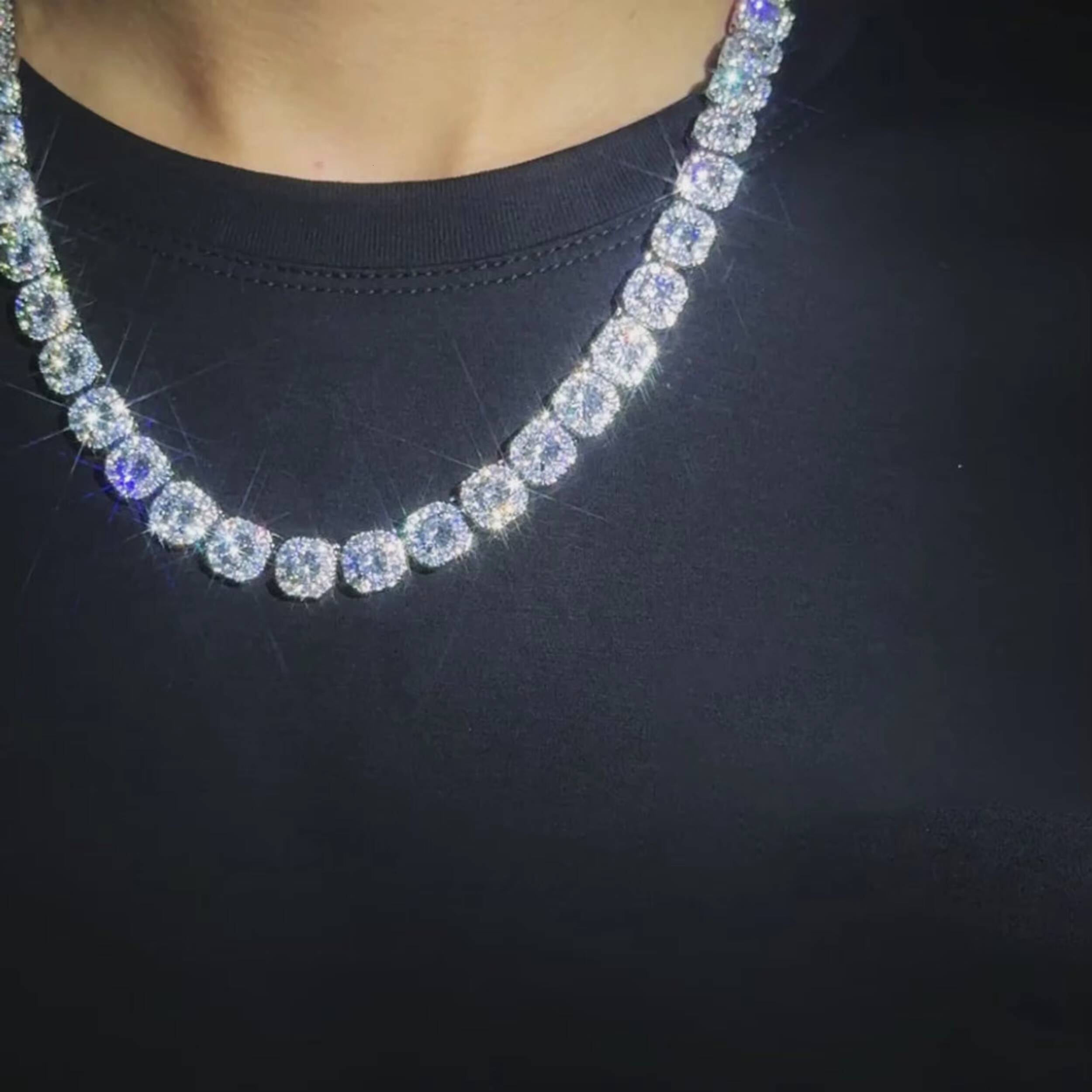 Mens Womens 925 Sterling Silver Iced Out Round D Color Moissanite Square Tennis Cluster Chain 16 Inch Gold Plated Luxury Jewelry