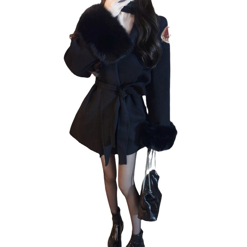 Knock Winter New Loose Fit Lazy Style Chic Fashion V-neck Blend Coat for Women Wide Sleeves Outwear Stripes Female Coat