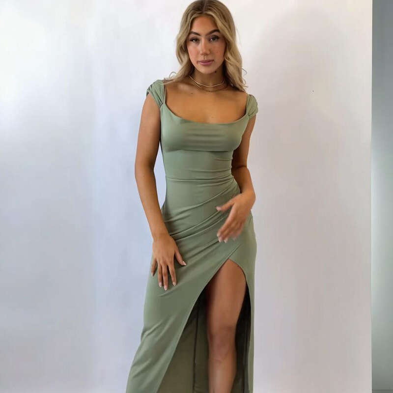 Women's Clothing Summer Square Neck Sexy Slit Solid Color Elegant Tie Dress For Women B5