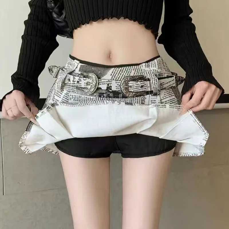 Sexy Newspaper Printed Skirt Women Summer Streetwear Belt High Waist A Line Short Pleated Skirts Girls Casual Shorts Saia Female R250715