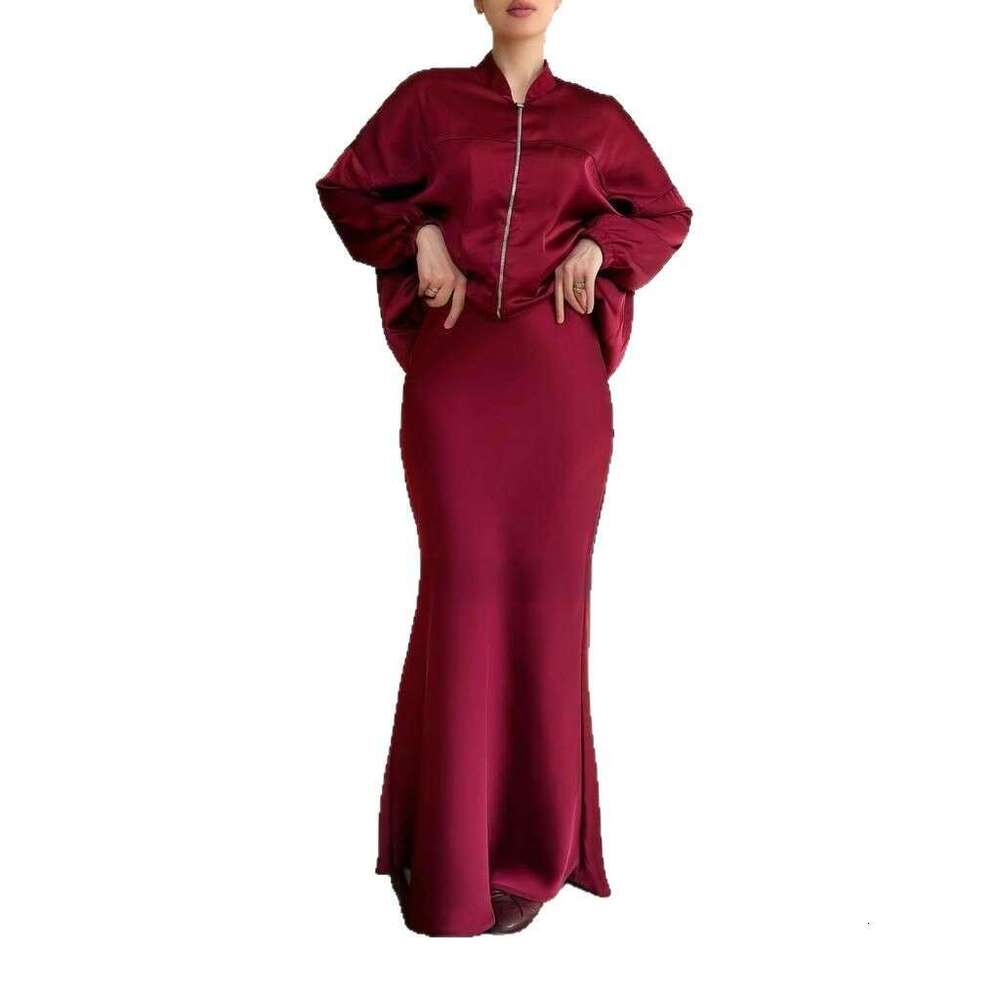 Spring New Women's Zipper Solid Color Midi Skirt Elegant Fashion Commuter Set B5