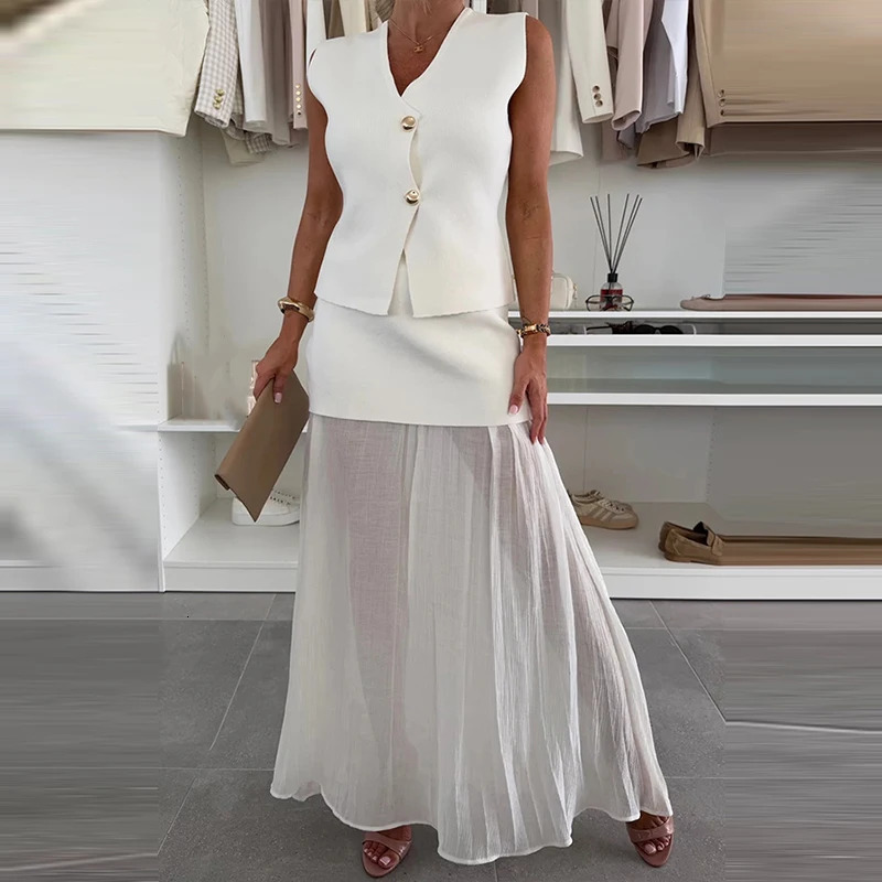 Temperament Buttoned V-Neck Vest Tops Long Skirts Party Club Suit Women Elegant Patchwork Slim Two-piece Knitted Dresses Set 250714