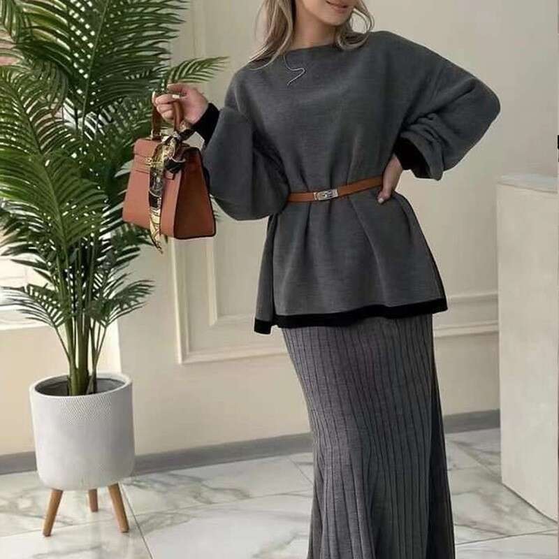 Autumn New Women's Long Sleeve Knitted Sweatshirt Waist-Cinching Half Skirt Set For Women B5