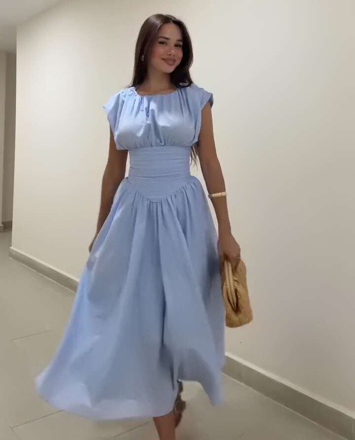 New Sweet Pure Desire Waist-Cinching Slimming A-Line French Style Girl Pleated Patchwork Short Sleeve Mid-Length Dress For Women B5