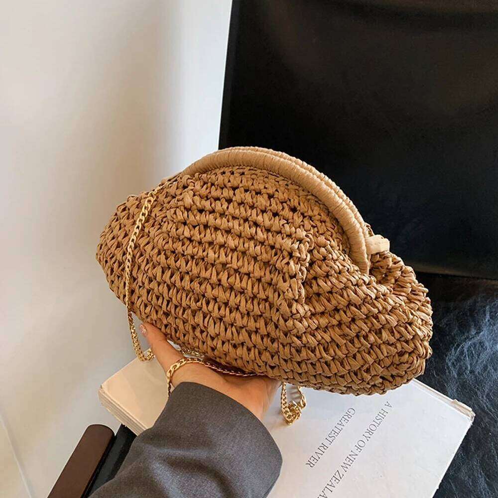 Women Straw Woven Chain Strap Stylish Crossbody Large Capacity Weaving Satchel Bag Solid Color For Party Vacation