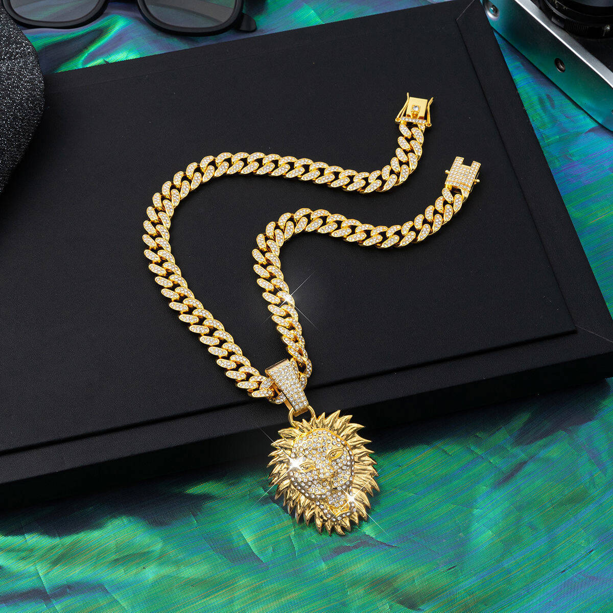 Luxury Jewelry Designer Jewelry Golden 3D Lion Head Full Diamond Necklace Hip Hop Jewelry European And American Trend One Piece Dropshipping