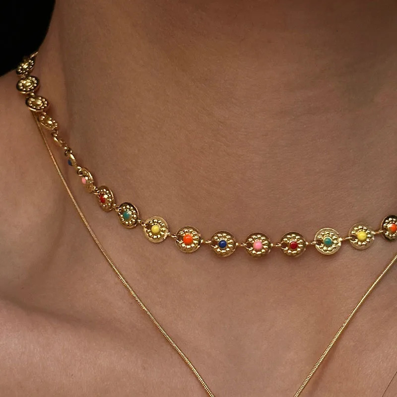 Enamel sun disc choker necklaces stainless steel necklaces for women simple minimalist dainty jewelry summer bohemia jewel 250711