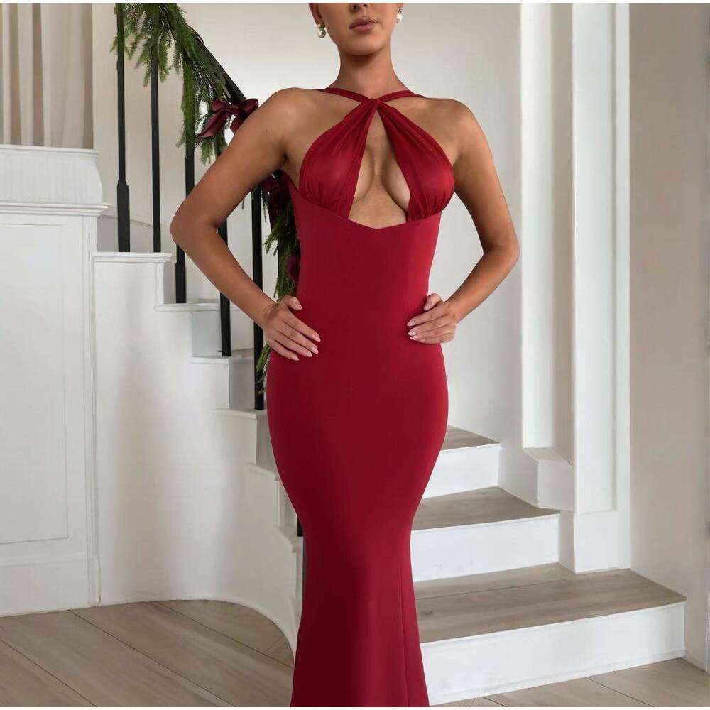 Summer New Women's Sexy Solid Color Off-Shoulder Waist-Cinching Elegant Fashion Dress B5