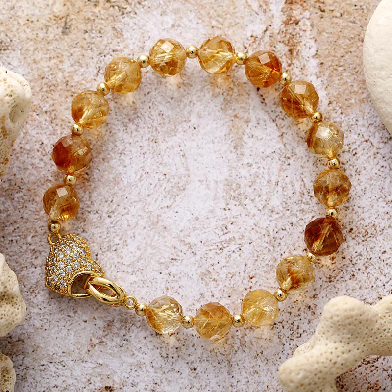 Healing Crystal Gemstones Amethysts Ctrine Heart Charm Clasp Bracelet For Women Zircon Brass Jewelry Femme 250711