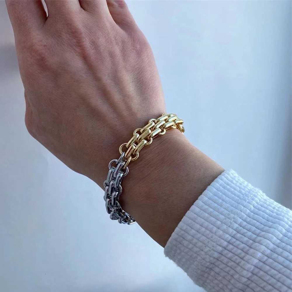 GHIDBK Punk Half Gold Color Half Silver Color Chunky Wide Chains Bracelets Woman Rock Toggle Clasp Bracelet Statement JewelryXJ250715 - view 3