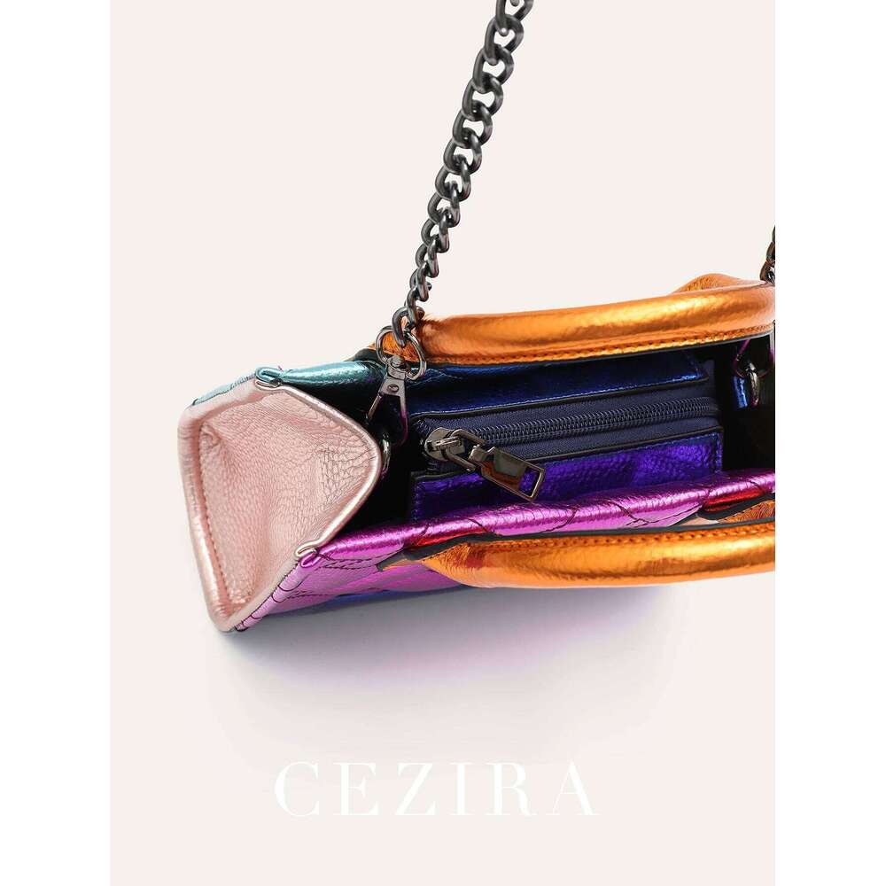 CEZIRA Women's Fashion Metallic Contrast Color PU Leather Handbag Two Sides Thread Top-Handle Tote Adjustable Strap Shoulder Bag