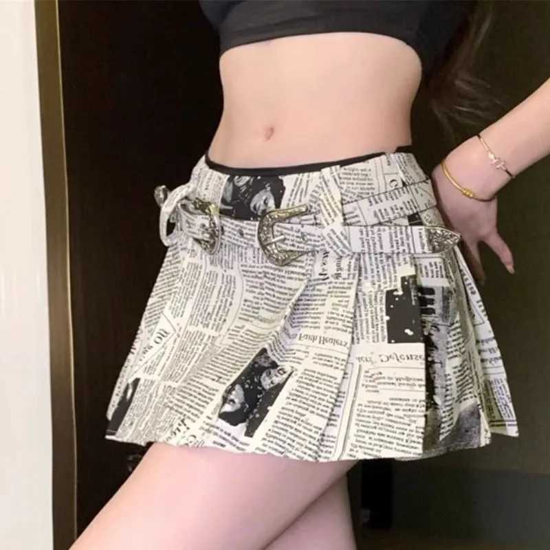 Sexy Newspaper Printed Skirt Women Summer Streetwear Belt High Waist A Line Short Pleated Skirts Girls Casual Shorts Saia Female R250715