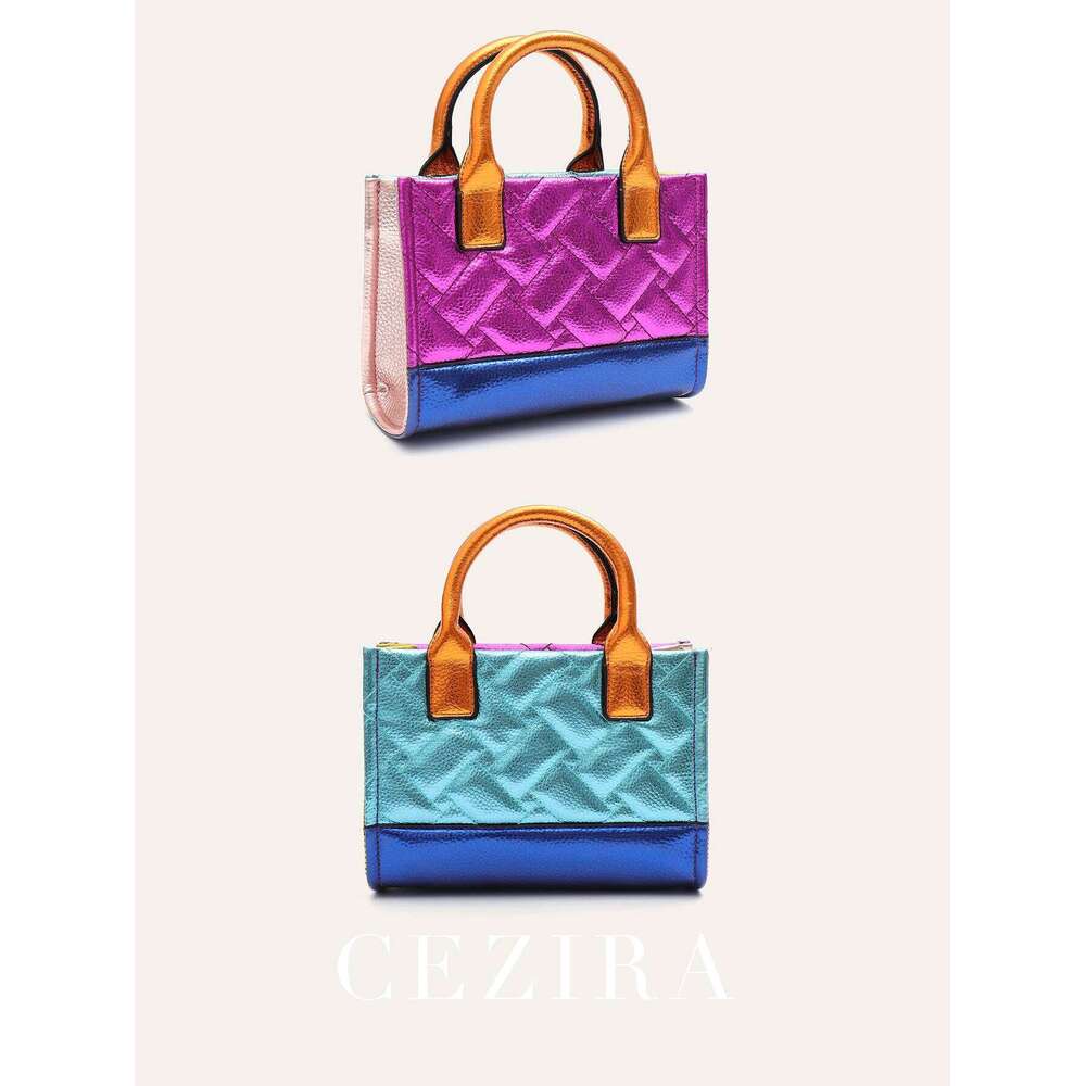 CEZIRA Women's Fashion Metallic Contrast Color PU Leather Handbag Two Sides Thread Top-Handle Tote Adjustable Strap Shoulder Bag