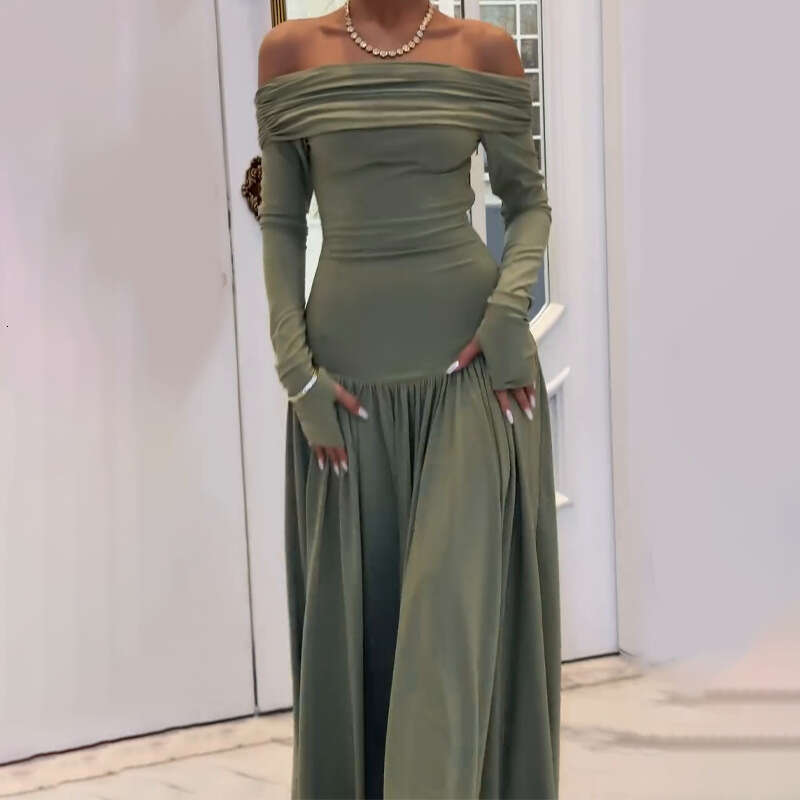 Spring Women's Fashion Casual Elegant French Off-Shoulder Sexy Slim Long Dress B5