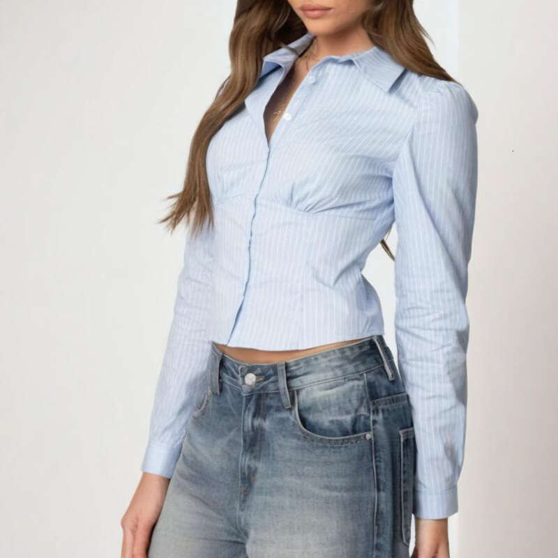Summer New Design Slim Fit Turn-Down Collar Top Hot Girl Fishbone Waist Cinch Long Sleeve Shirt For Women B5