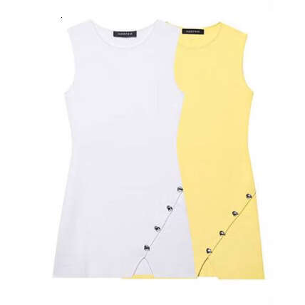 TRAFZA Women's Summer Round Neck Sleeveless Irregular Button Decor Knitted Dress B5
