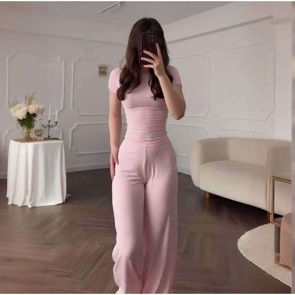 Summer New Women's Round Neck Solid Color Wide Leg Pants Commuter Casual Set For Women B5