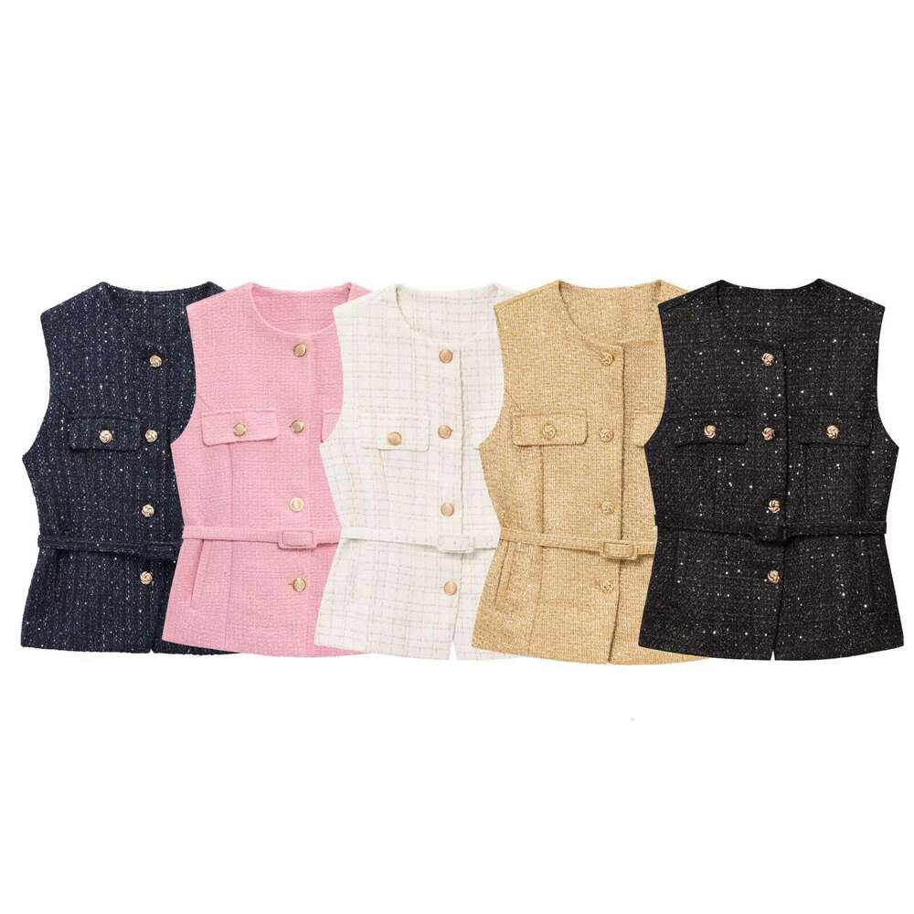 TRAFZA Spring Elegant Metal Button Sleeveless Round Neck Slim Fit Jacket Women Belt Decorated Beaded Vest B5