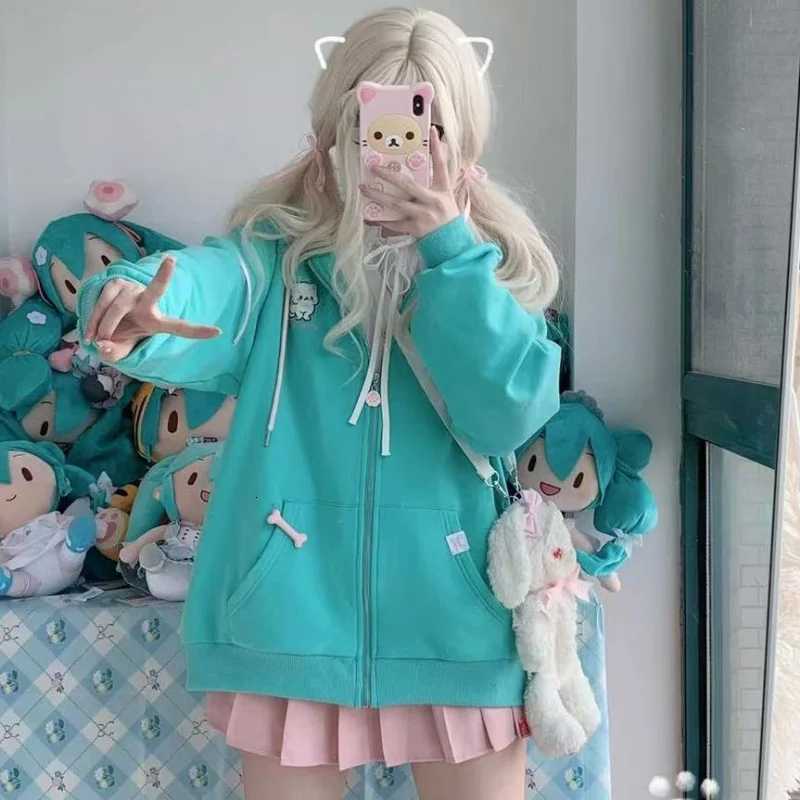 Lake Grn Embroidery Cat Zipper Coats Women Loose Sweatshirts Japanese Long Slve Cute Swt Ear Hooded Sudaderas Y2k Harajuku X2507151