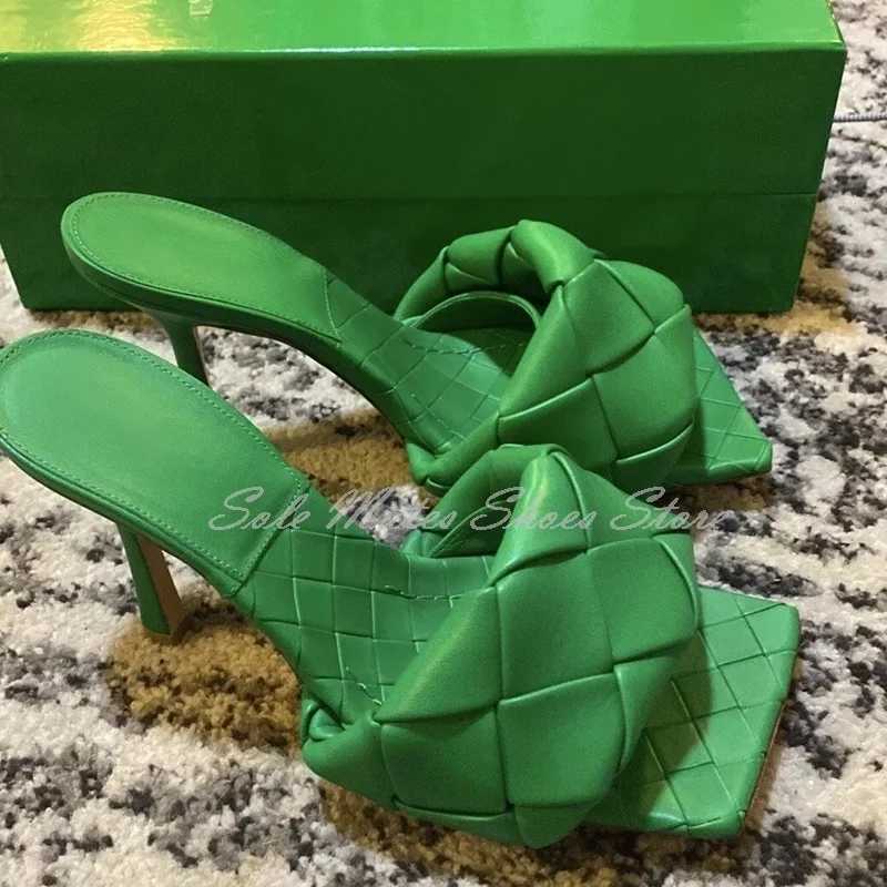 Elegant Knot Front Square Toe Sandals Dark Green Braided Check High Heel Slide Microfiber Leather Handmade Womens Slippers T250714