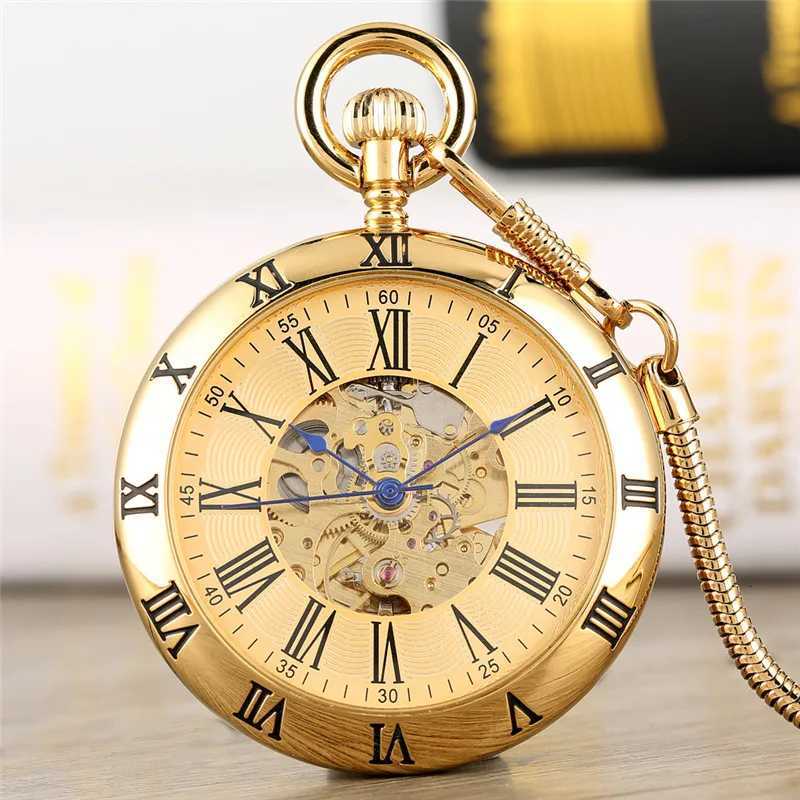 Gold/Silver Roman Numerals Open Face Men Women Mechanical Automatic Pocket Watch Pendant Chain Clock Skeleton Watches Gift Z250714