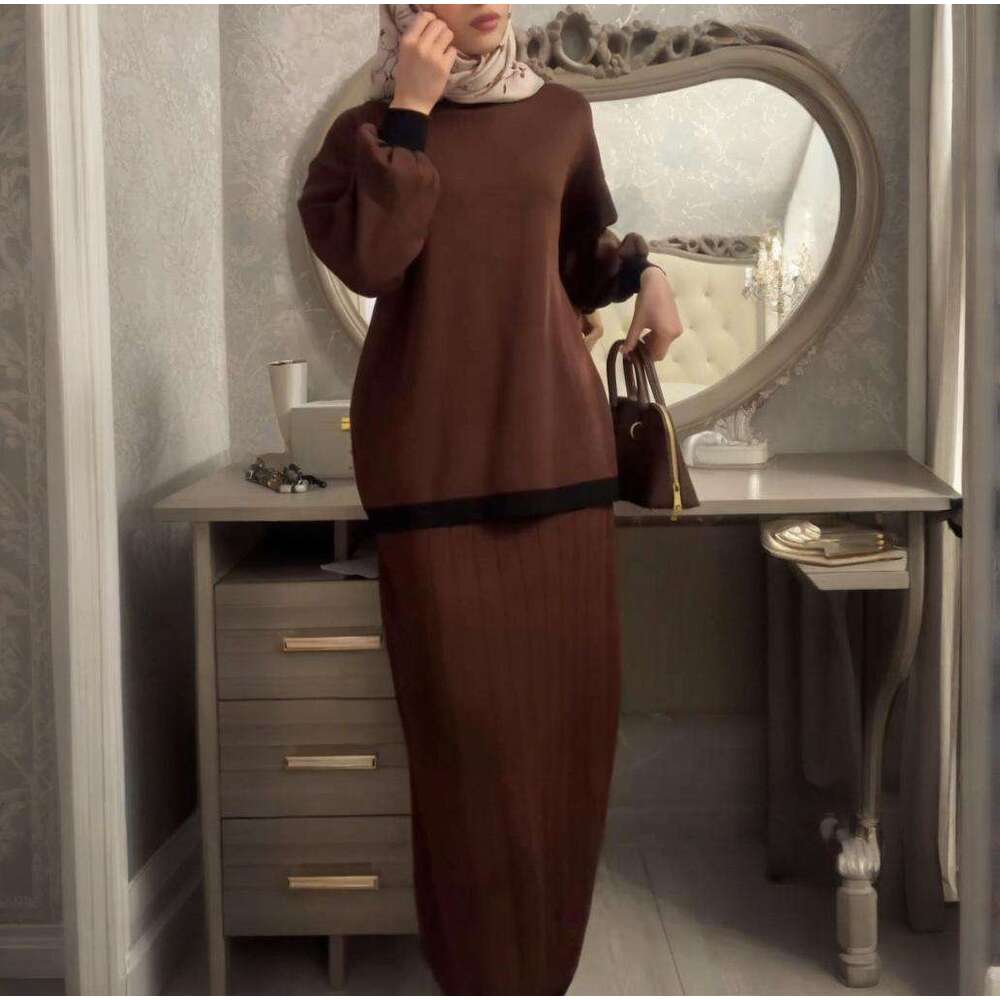 Autumn New Women's Long Sleeve Knitted Sweatshirt Waist-Cinching Half Skirt Set For Women B5