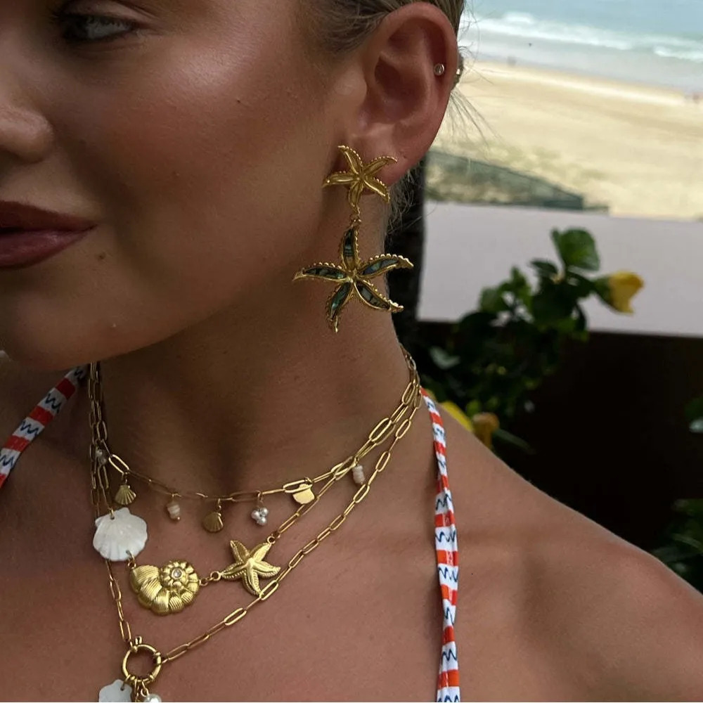 HangZhi Fashionable Beach Starfish Conch Pearl Shell Necklace Stainless Steel Pendant Charms Summer Jewelry for Women 250711