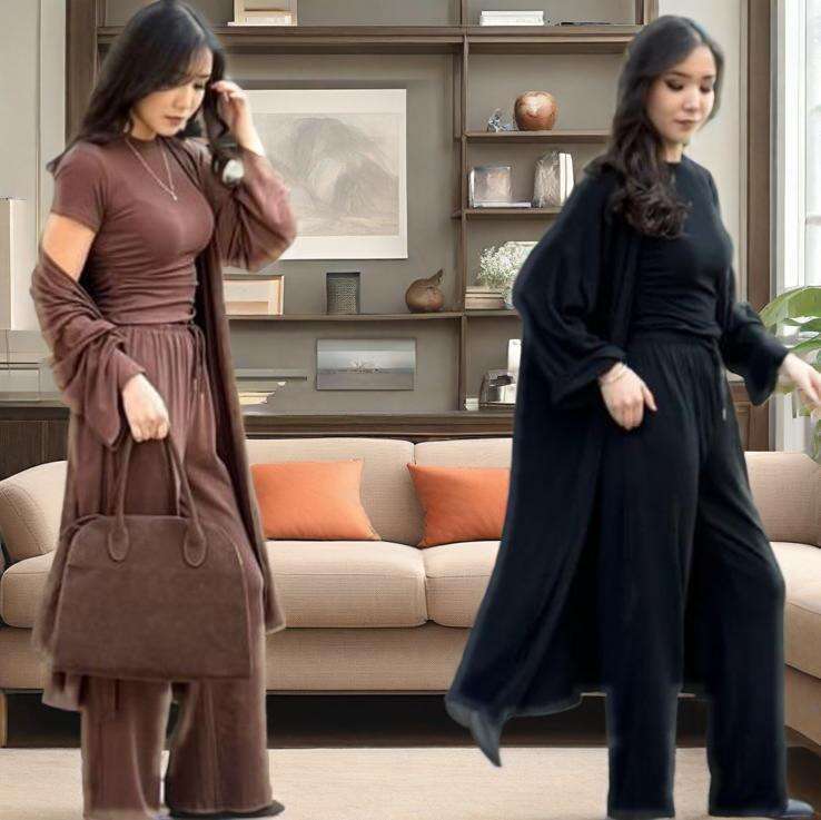 Spring New Women's Round Neck Long Sleeve Wide Leg Pants Elegant Commuter Set B5