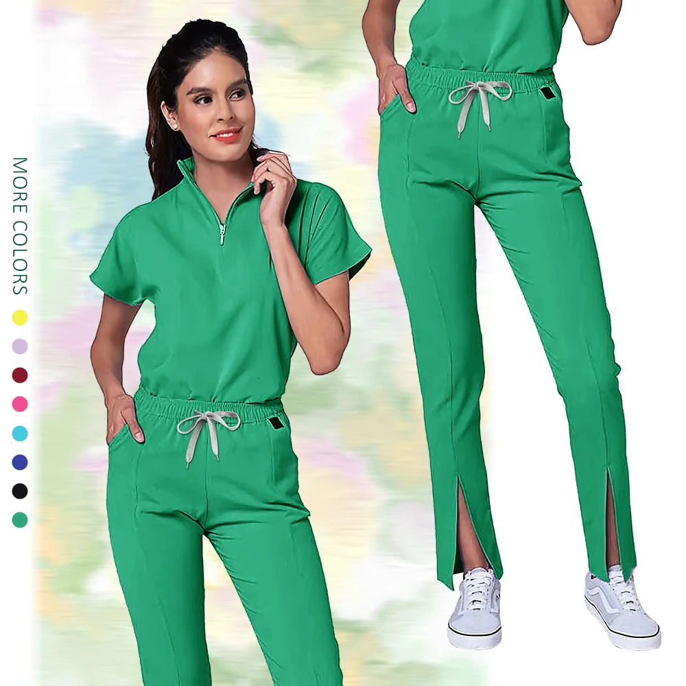 High Quality Nurse Uniform Scrub Set Women Zipper V-Neck Top and Pant Hospital Workwear Doctor Suits Beauty Workwear 250714