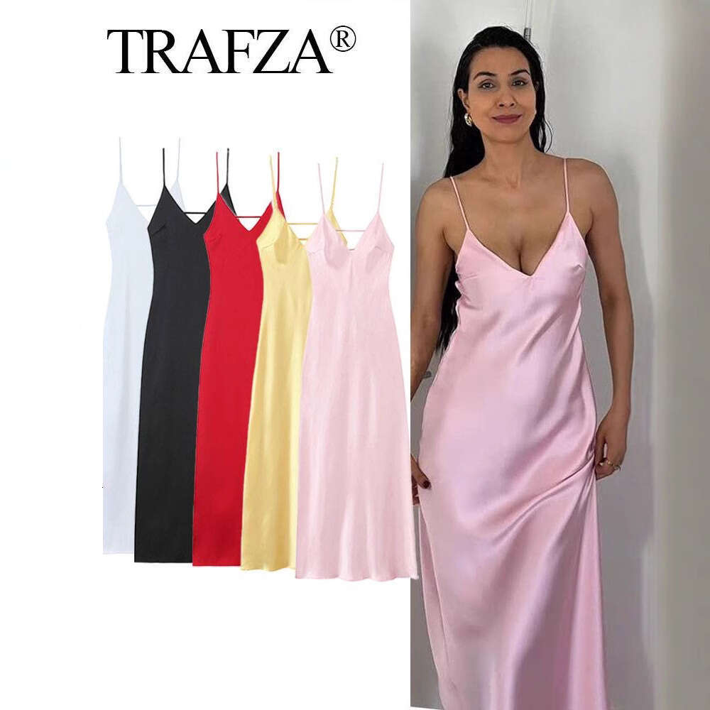 TRAFZA Women's Spring New Fashion Sexy Backless Satin Textured Camisole Dress B5