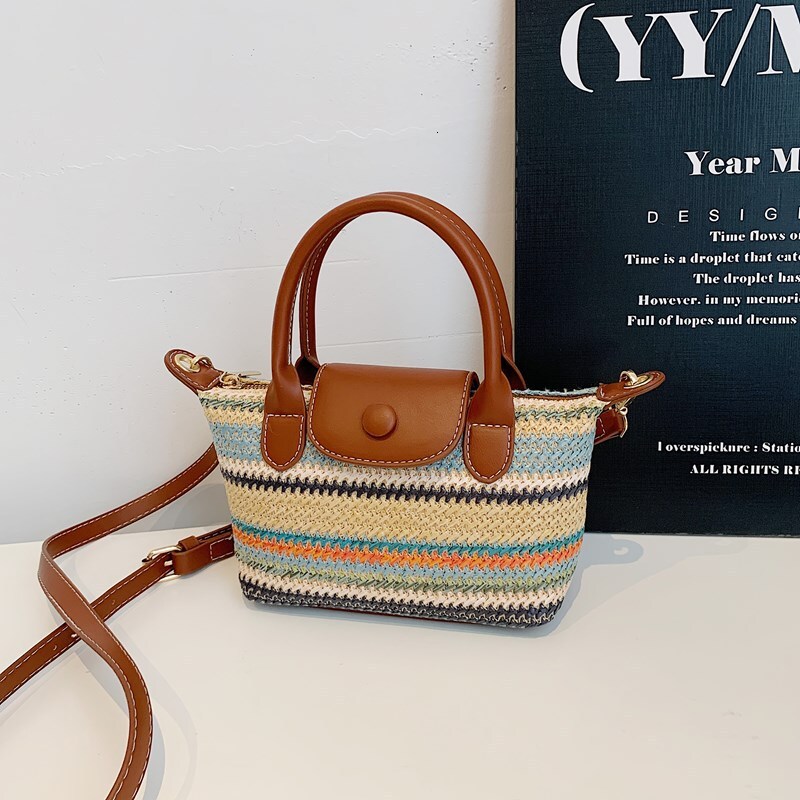 Luxury Brand Designer Bag Summer Rainbow Straw Handbag For Women 2025 New Casual Woven Versatile Beach Shoulder Crossbody Dumpling Bag