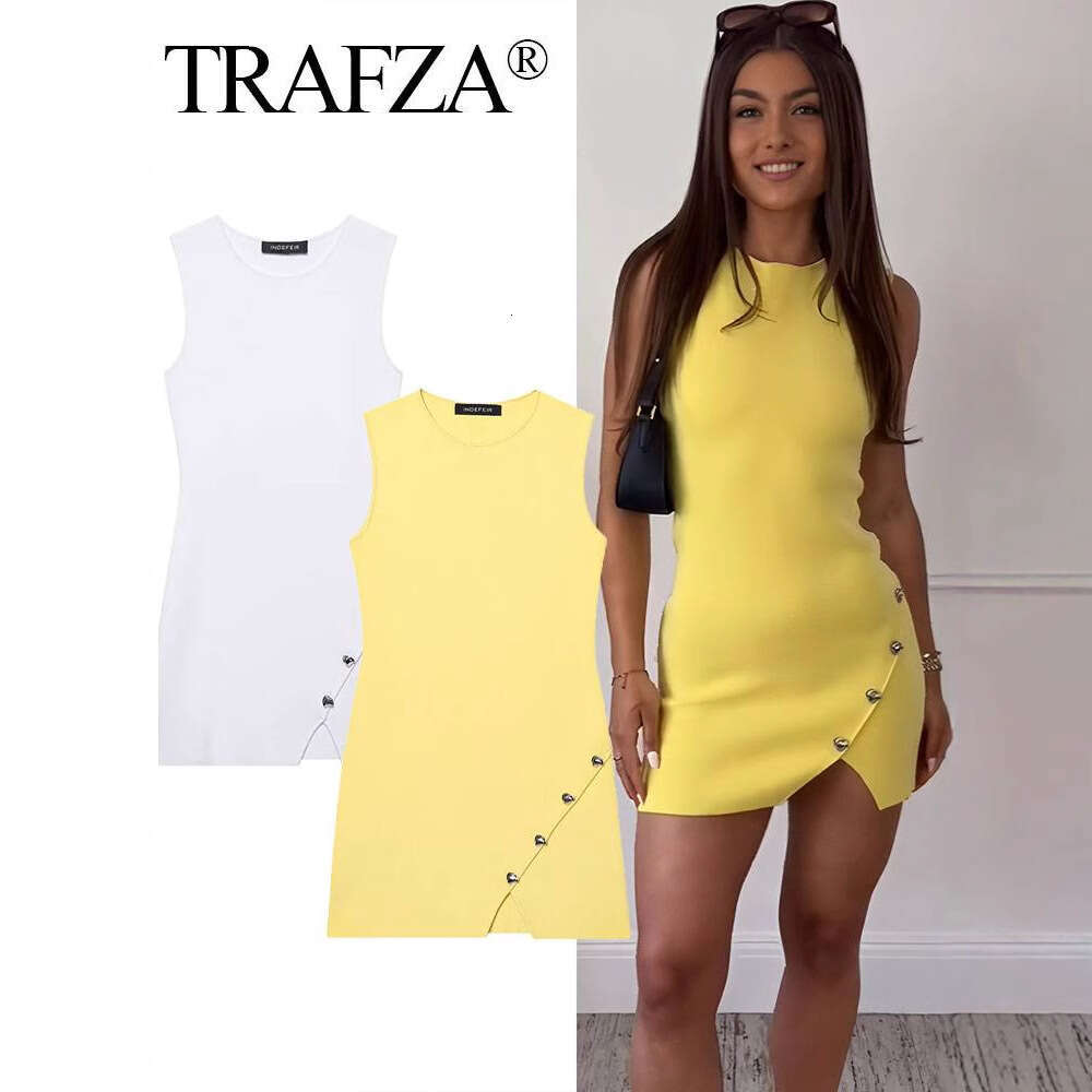 TRAFZA Women's Summer Round Neck Sleeveless Irregular Button Decor Knitted Dress B5