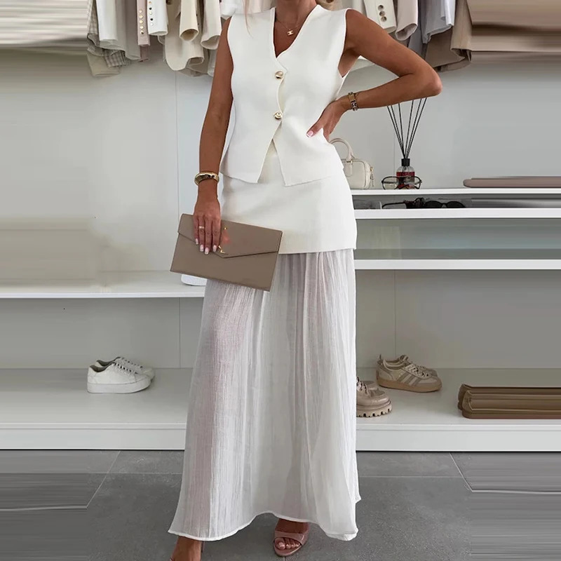Temperament Buttoned V-Neck Vest Tops Long Skirts Party Club Suit Women Elegant Patchwork Slim Two-piece Knitted Dresses Set 250714