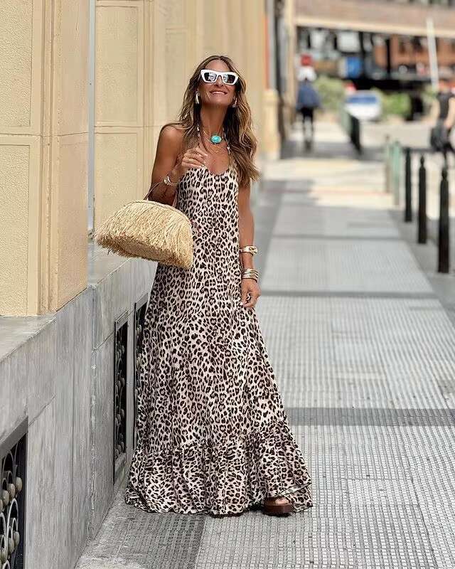 Womens Fashion Spaghetti Strap Summer Leopard Elegant Casual Loose New Dresses For Women Robe Femme Holiday Party Dress dongdumaoyi dongdumaoyi