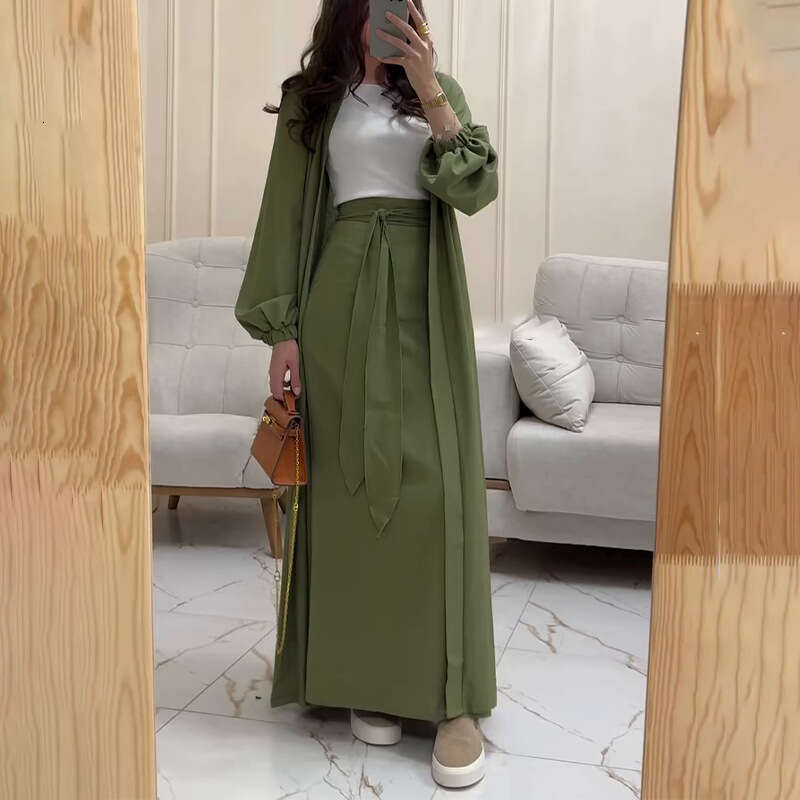 Women's Satin Puff Sleeve Dubai Elegant Cardigan Robe Tie Half Two-Piece Set B5