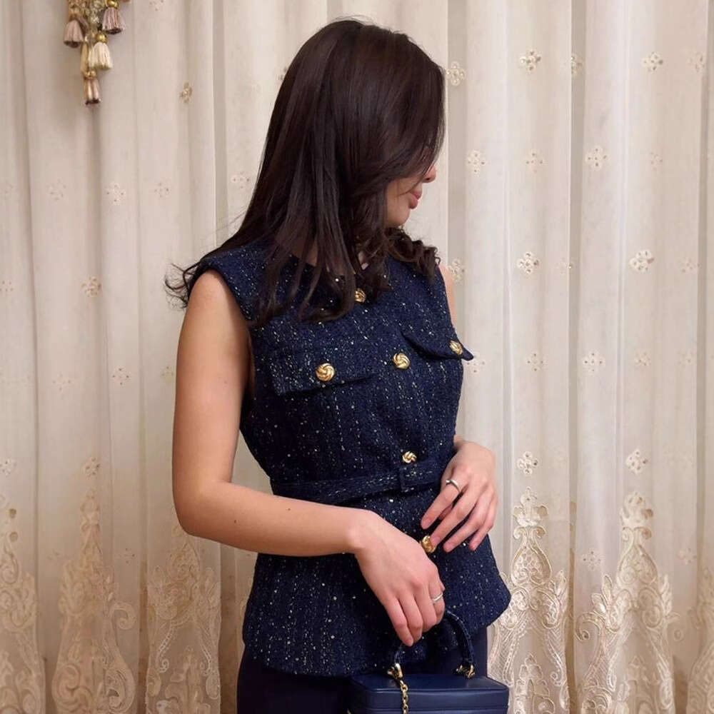TRAFZA Spring Elegant Metal Button Sleeveless Round Neck Slim Fit Jacket Women Belt Decorated Beaded Vest B5