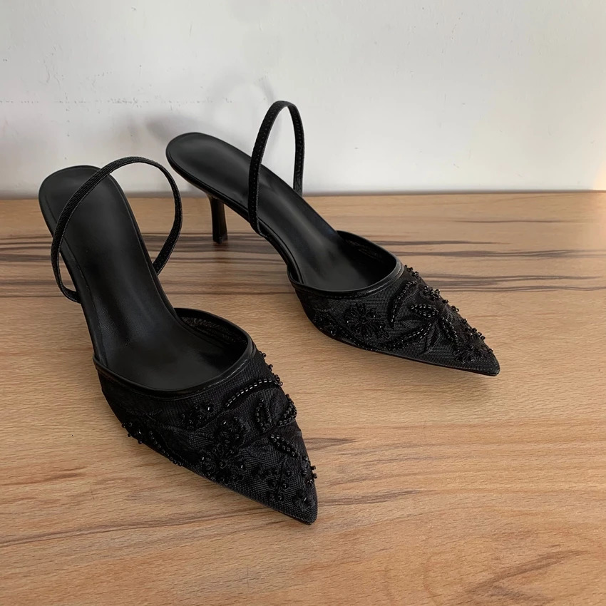 2025 Black Woman Embroidered Mesh High Heels Shoes Fashion Print Stiletto Women Highheel Pumps Sexy Pointed Toe Sandals 250715