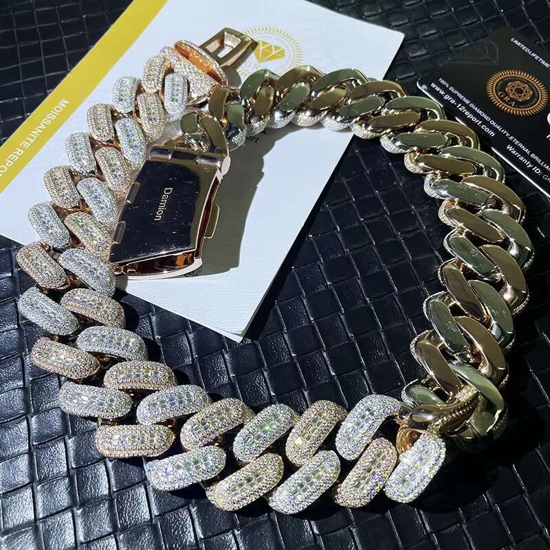 Hip hop jewelry bracelet necklace25mm VVS Moissanite Necklace Fine Jewelry Sterling Sier Gold Finish Hip Hop Miami Cuban Chain Men's Inspiration