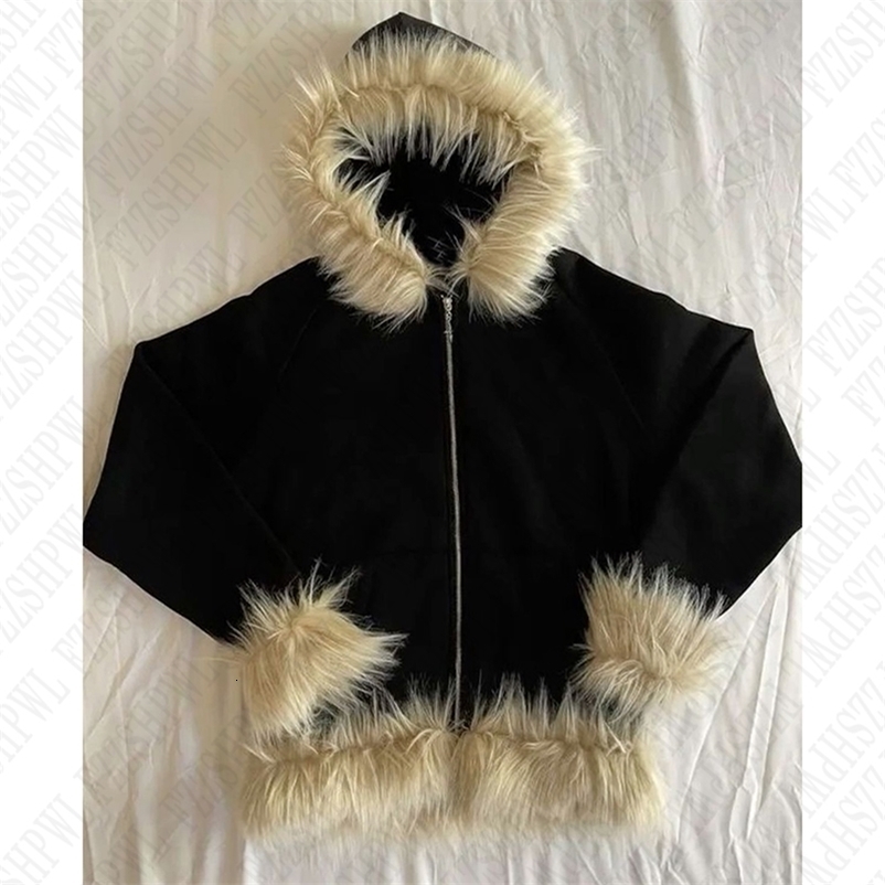 Y2K Zip up Hoodie Solid color Plush Coat Men Clothes Fur collar Hip Hop Streetwear Harajuku American Style Hooded Sweatshirt Top 250714