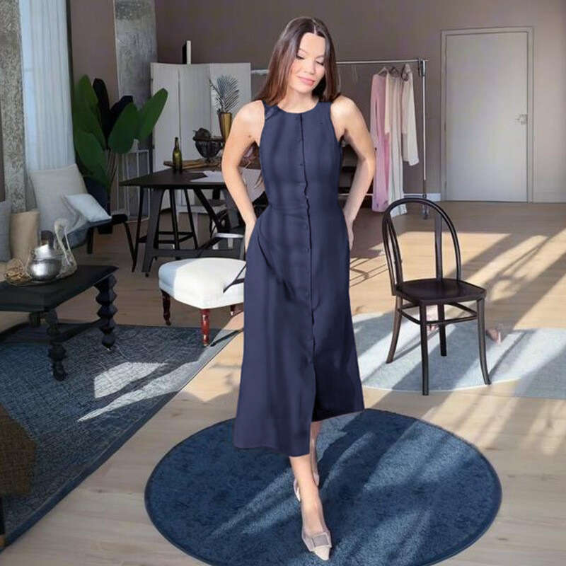 Summer New Women's Sleeveless Button Waist-Cinching Elegant Fashion Dress B5