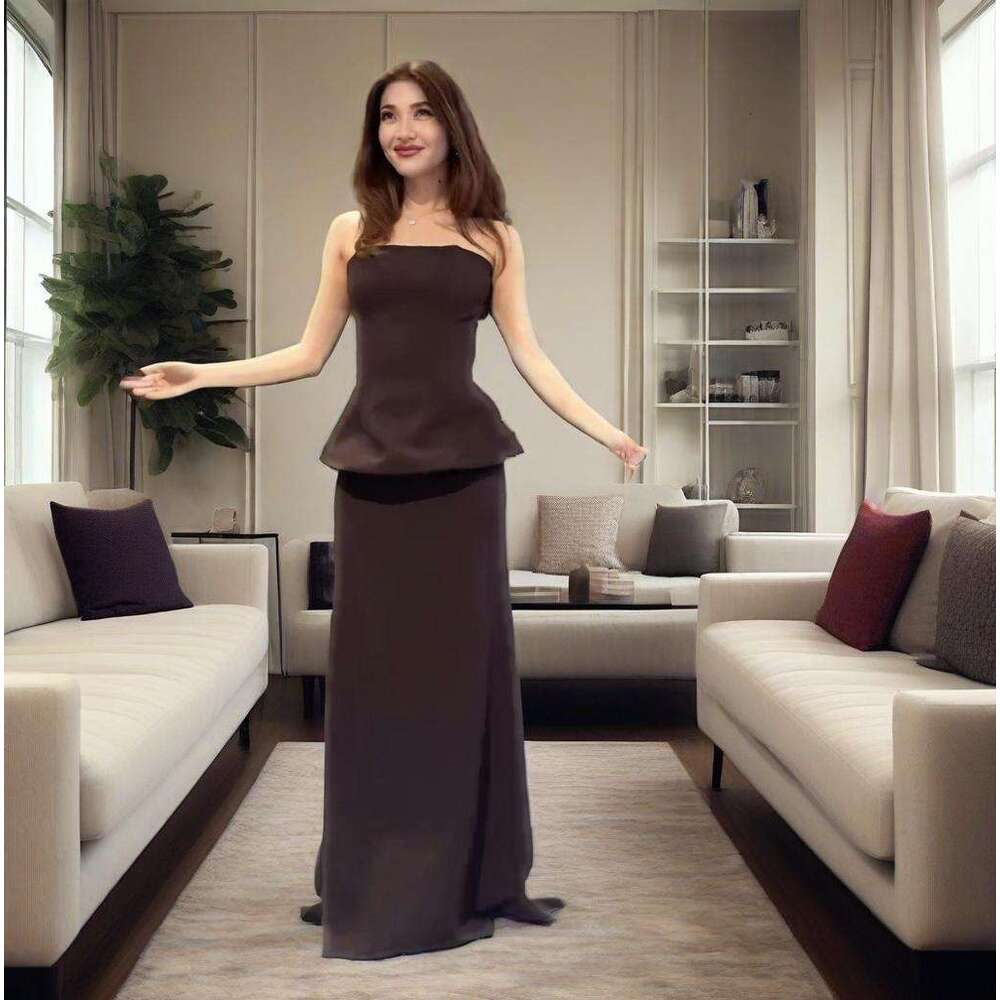 Spring New Women's Strapless Solid Color Skirt Elegant Fashion Set B5