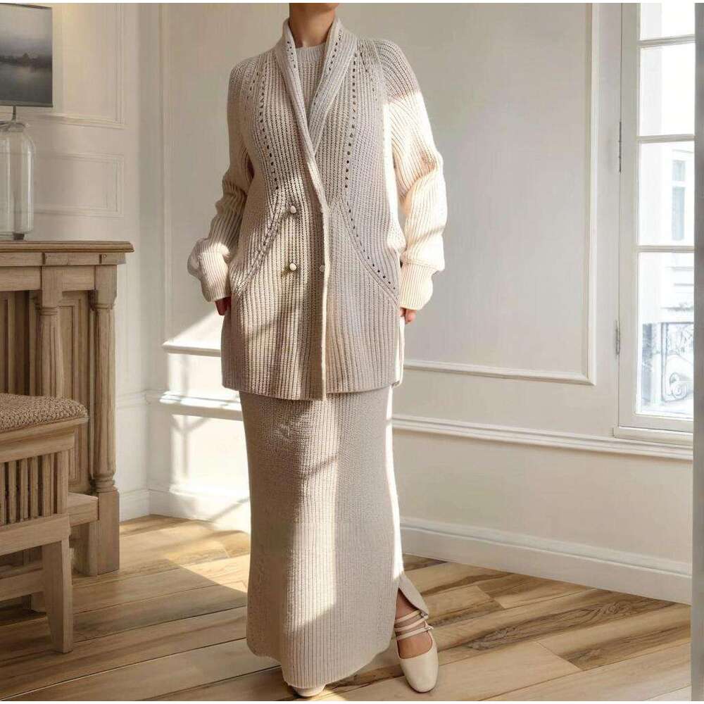 New Russian Women's Fashion Solid Color Elegant Slim Long Dress Two-Piece Set B5