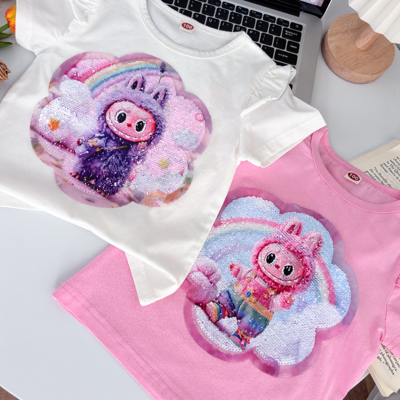 LABUBU children's clothing designer short-sleeved T-shirt color-changing sequin children's clothing casual T-shirt printed design clothing s