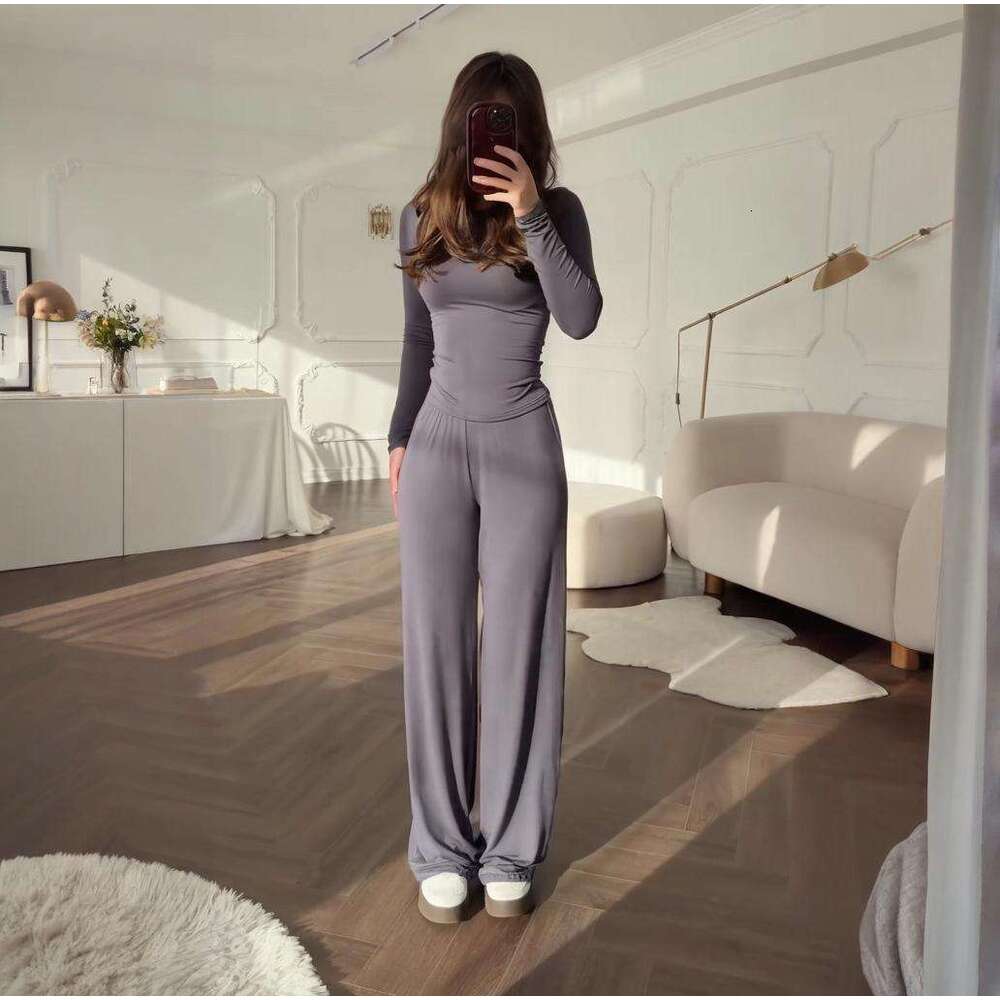 Summer New Women's Round Neck Solid Color Wide Leg Pants Elegant Commuting Fashion Set B5