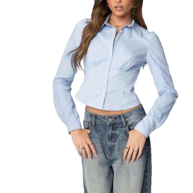 Summer New Design Slim Fit Turn-Down Collar Top Hot Girl Fishbone Waist Cinch Long Sleeve Shirt For Women B5