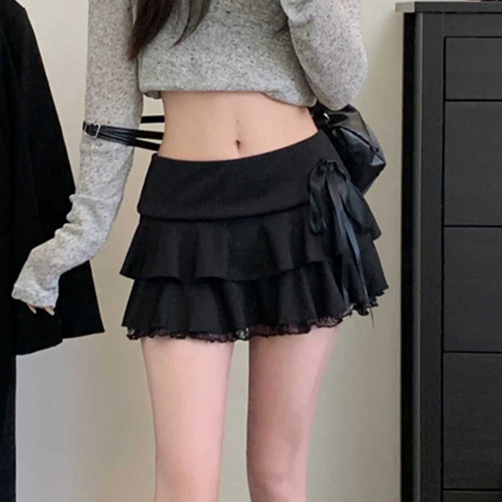 Goth Y2K Black Lace Trim Bow A-Line Mini Skirt for Women Korean Streetwear R250715