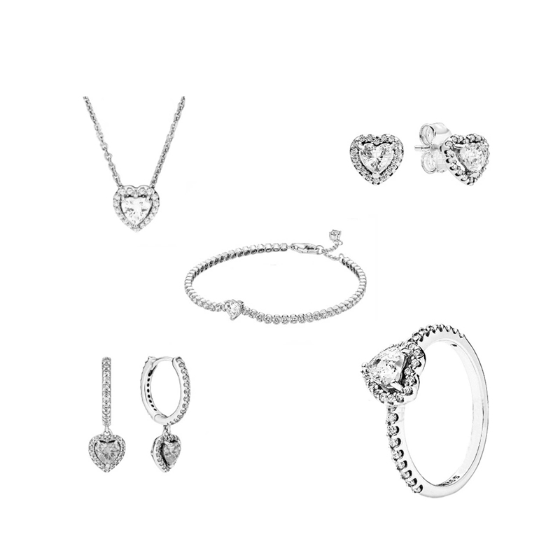 S925 Sterling Silver Authentic Jewelry Sets Heart Pendant Necklaces Bracelet Ring Earring Women Zircon with Original BOX Birthday Gifts Christmas N066
